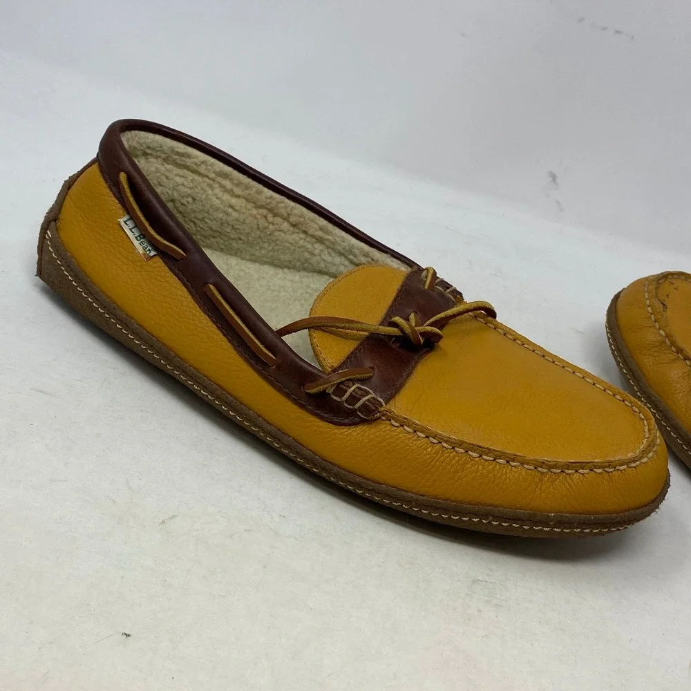 LL Bean Mens Wicked Good Slippers 12 Medium Yellow Leather Shearling Moccasin
